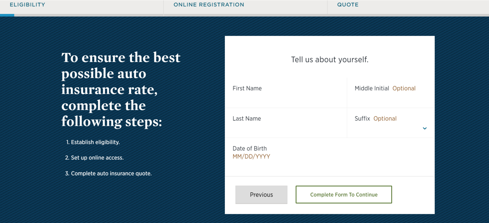 USAA Online Registration Personal Info